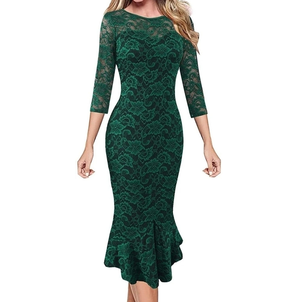 Vfshow Womens Elegant Lace Cocktail Party Mermaid Bodycon Midi Mid-Calf Dress